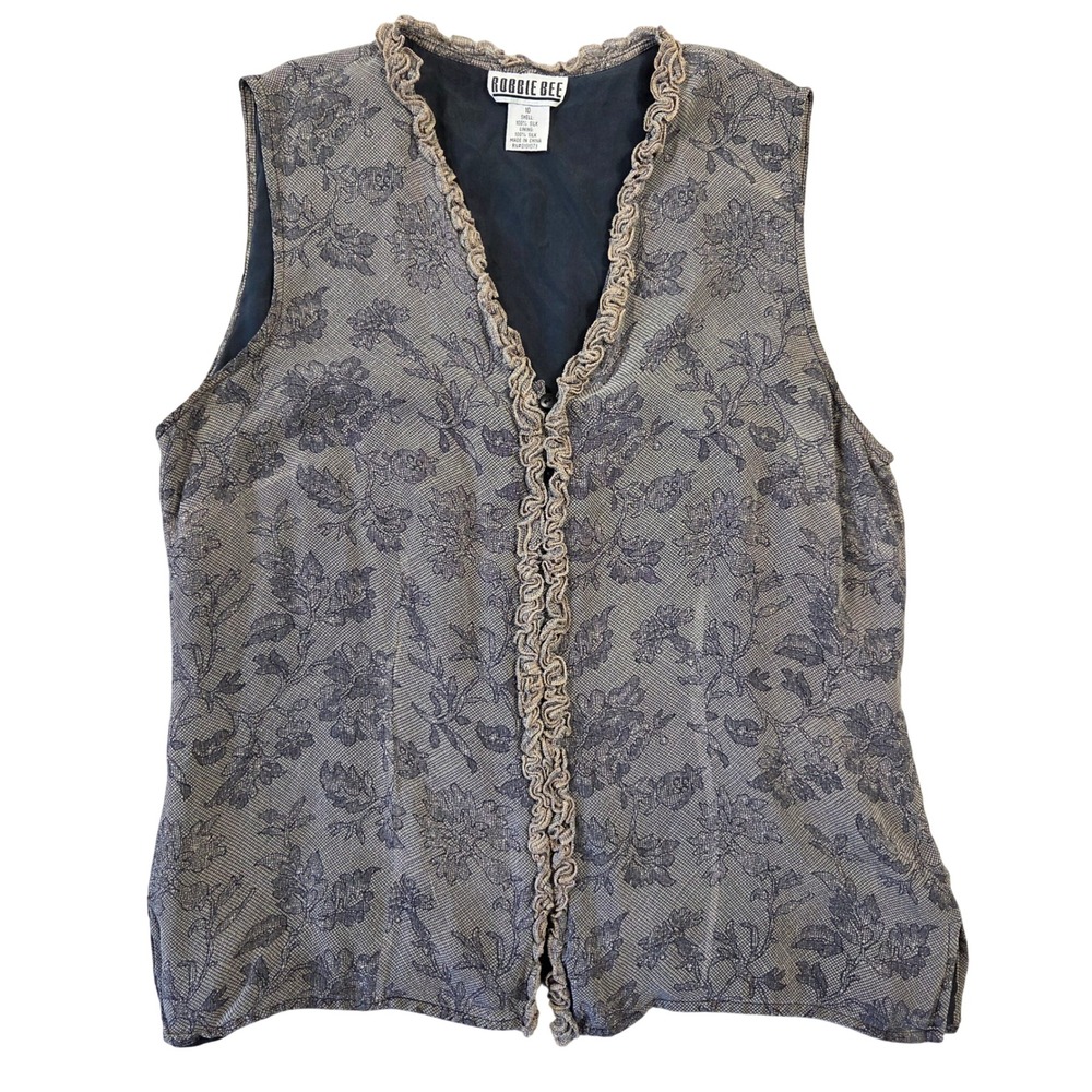 Robbie Bee Vintage 100% Silk Floral Jacquard Ruffle Trim Vest Grey Black Size 10